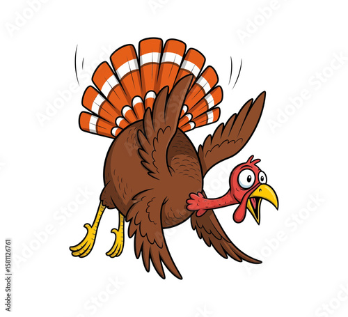 A funny cartoon turkey with bright colors running with its tail feathers spread