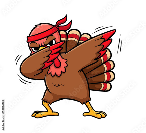 Funny cartoon turkey doing the dab dance isolated on white background