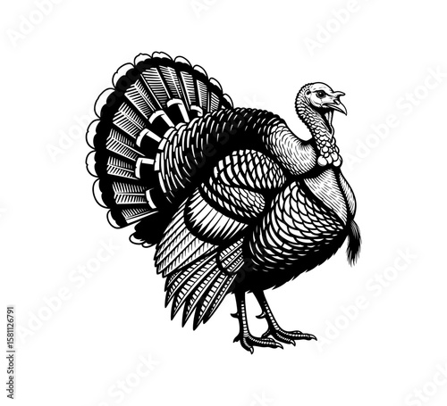 Detailed vintage illustration of a proud turkey with fanned tail feathers