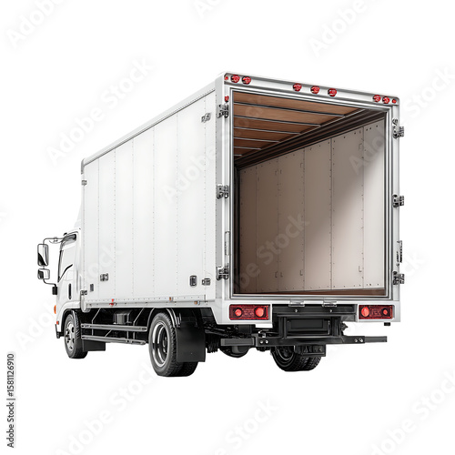 Cargo Truck on the Move: A large white cargo truck, designed for freight transport, has its back door open ready for loading or unloading, on the road for transport and delivery.