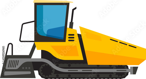 Side view of a powerful, yellow asphalt paving machine with continuous tracks, efficiently laying and compacting asphalt on a road construction site