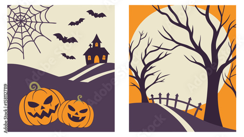 Two halloween themed illustrations with pumpkins, bats, haunted house, trees and full moon landscape
