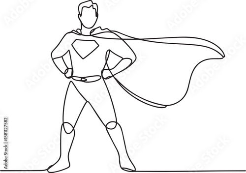 Business superhero with cape in continuous one line drawing, minimalist power pose vector illustration

