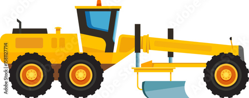 Heavy construction machine, a motor grader, performing ground leveling operations, essential for preparing a stable base for roads or buildings