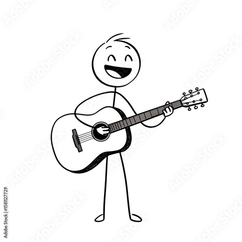 Stick figure singing while playing acoustic guitar in black and white  