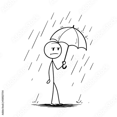 Stick figure standing in the rain holding an umbrella with a frown  