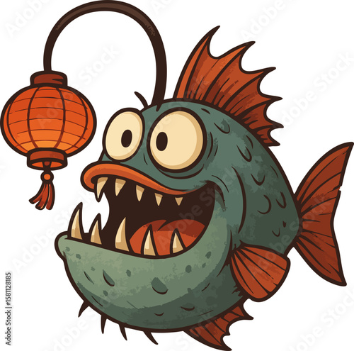 Funny Cartoon Anglerfish with Lantern – Vector Illustration of Deep Sea Monster Character