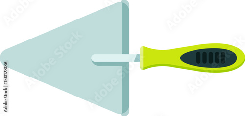 Triangular trowel with green ergonomic handle laying horizontally isolated on white background, depicting concepts of construction, renovation, DIY, and tiling work