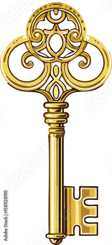 Vintage Golden Key – Ornamental Vector Illustration of Antique Lock Key for Treasure or Security Concept