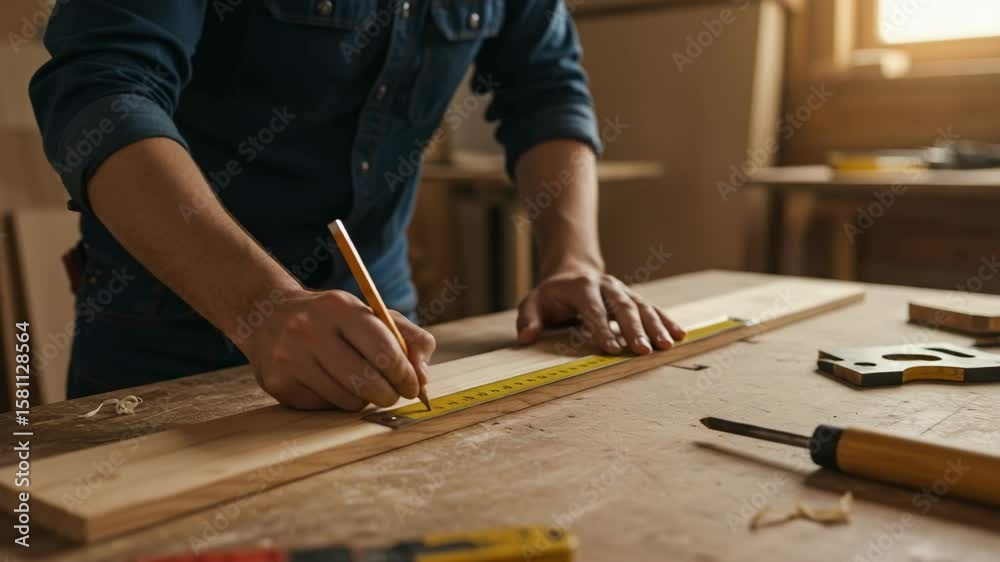 Hands measuring and marking a wooden board in a woodworking workshop. A precise and focused moment in the furniture-making process. Photorealistic 3D close-up with no visible face. Ideal for craftsman