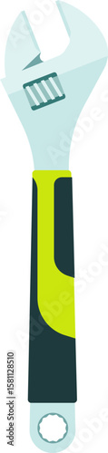 Modern adjustable wrench with ergonomic green and black handle isolated on a white background, ideal for representing concepts of repair, maintenance, and DIY projects