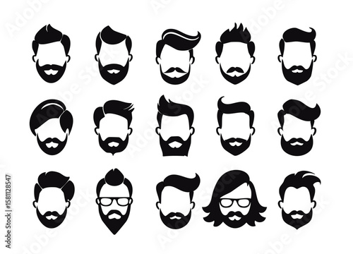 Silhouette icon vector set of barber tools and grooming elements in minimal flat style, including scissors, razors, combs, beards, male and female barbers, perfect for salon branding and hairstyling g
