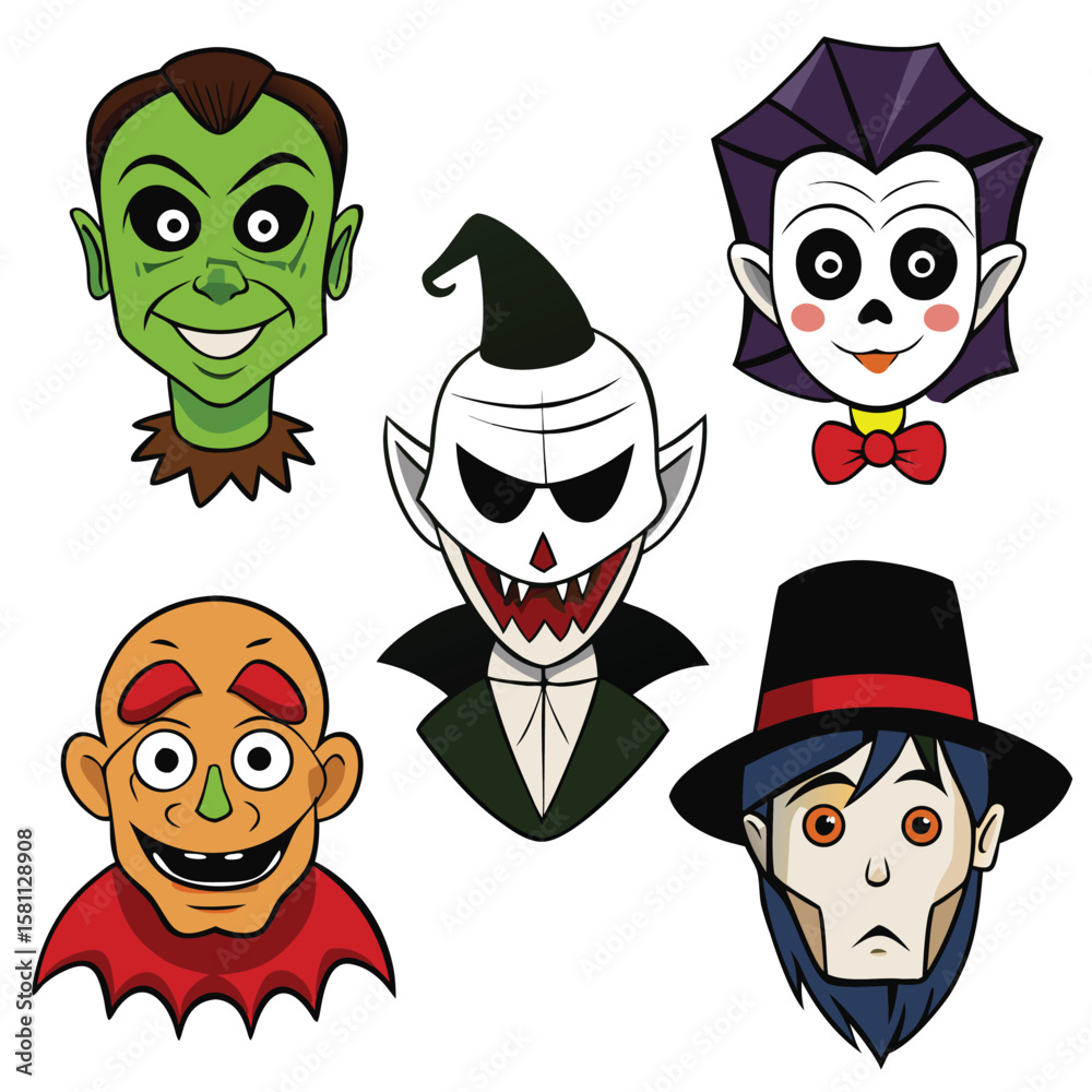 Fototapeta premium Five cartoon monster faces for Halloween character