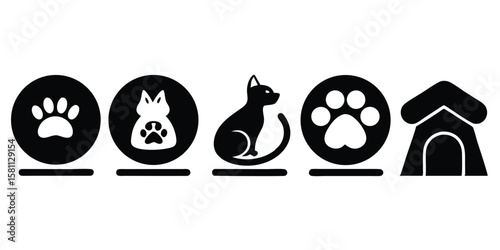 Silhouette icons display paw prints, a cat, and a dog house on transparent background