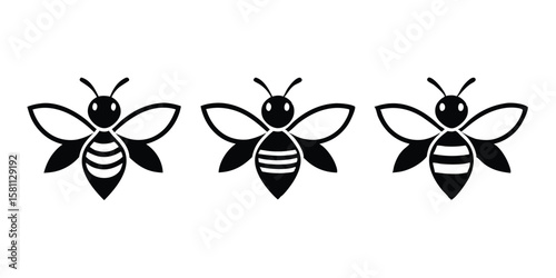 Three stylized black bumblebees are lined up against a seamless white background