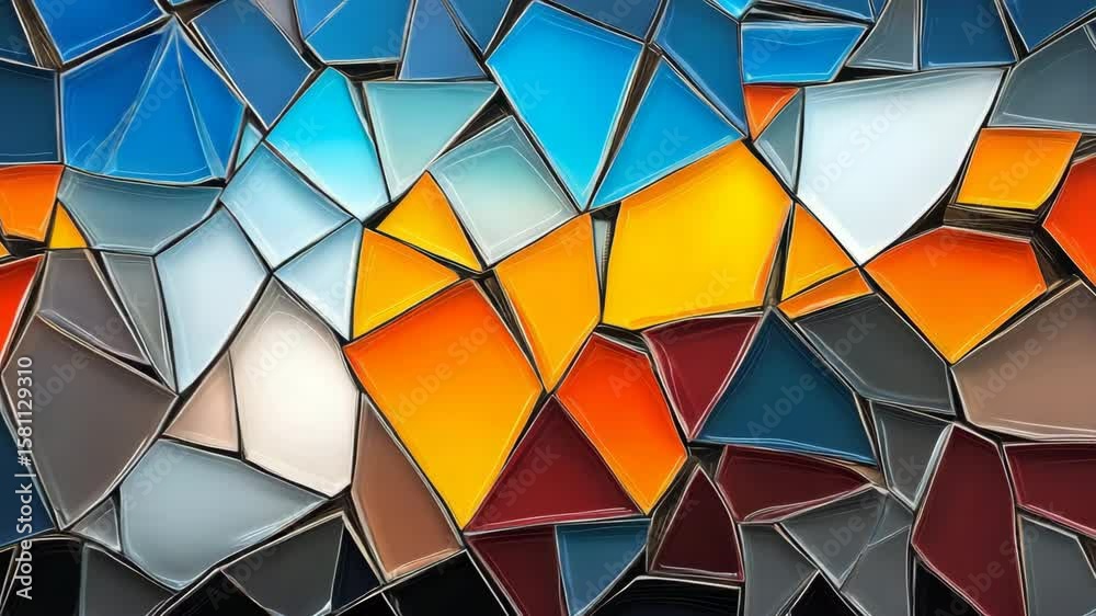 Abstract polygonal glazed tile design with broken glass effect, multicolor reflections and sharp lighting