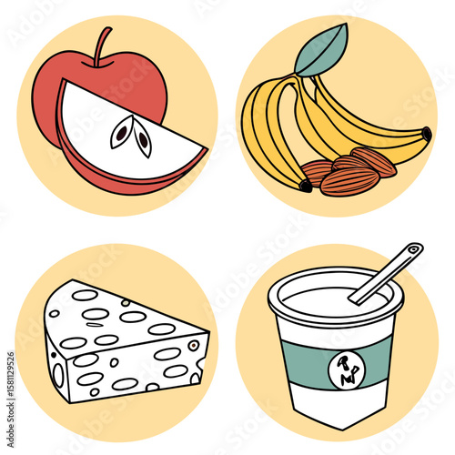 Illustration of apple slice, bananas with almonds, cheese wedge, and yogurt cup on circular background