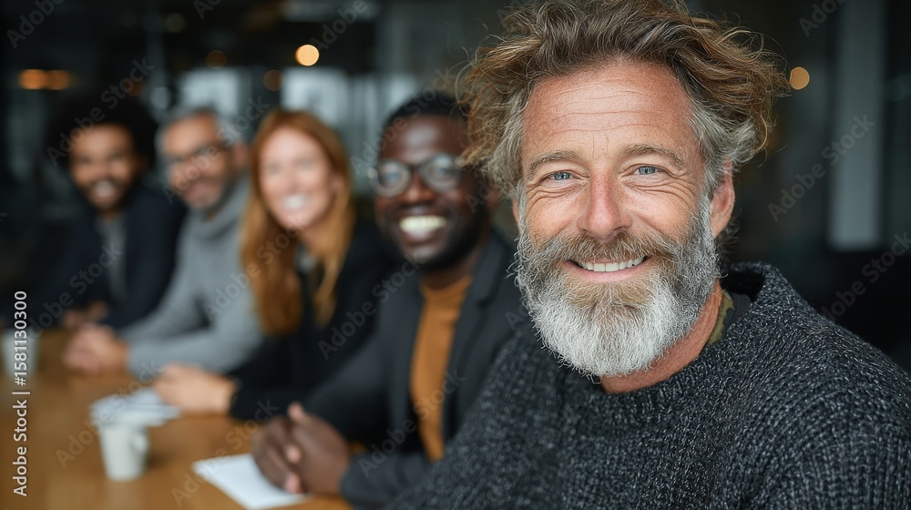 Confident mature leader with diverse business team smiling at a conference table Confident mature leader with diverse business team smiling at a conference table
