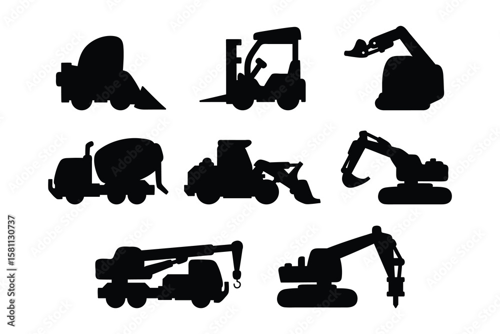 Obraz premium Collection of black construction vehicle silhouettes isolated on white background, including excavator, crane, cement mixer, bulldozer, forklift, and truck
