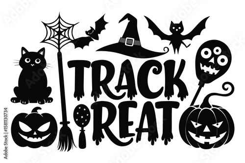 Black Halloween characters and text black cat bats