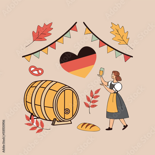 Oktoberfest celebration with german flag heart beer barrel pretzel and woman in traditional dress