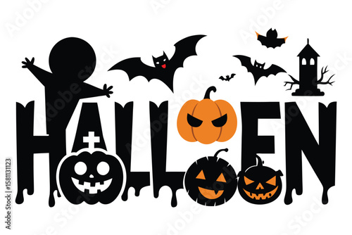 Halloween word with pumpkins bats and haunted house jack o lantern