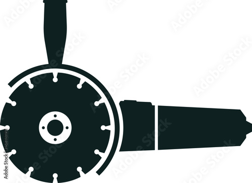 Black angle grinder silhouette showing the blade and handle isolated on a white background, representing construction, power tools, and metalworking
