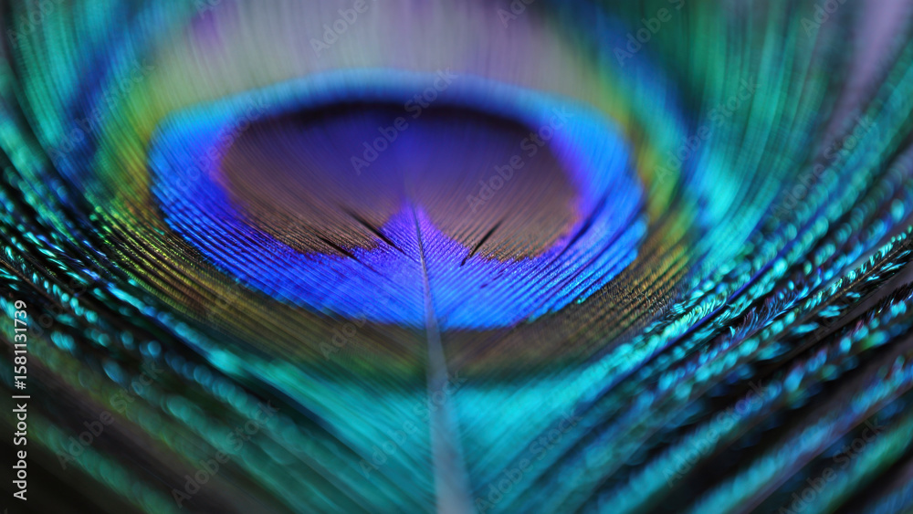 Fototapeta premium Peacock feather close-up, iridescent eye pattern, exotic bird plumage, natural beauty, vibrant colors, detailed texture, macro wildlife view, tropical elegance, organic symmetry, artistic nature