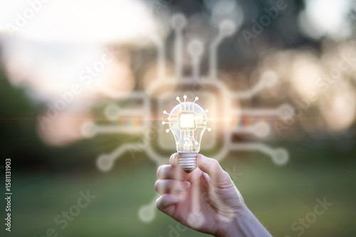 Innovative light bulb held in a nature setting.