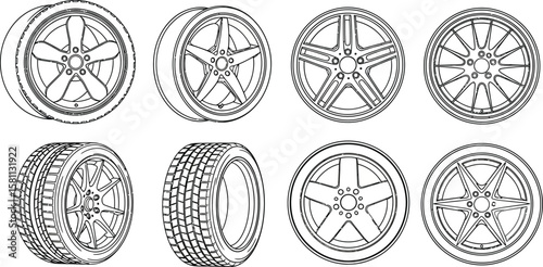 Wheel outlines showcase automotive tires and rims in line art style