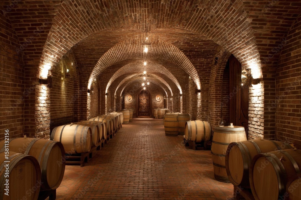 Obraz premium Rows of oak barrels age in a dimly lit brick wine cellar.