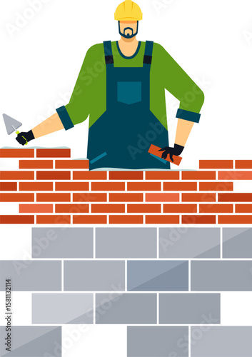 Professional builder wearing uniform and hardhat constructing a red brick wall using a trowel and mortar, adding bricks one by one on a white background