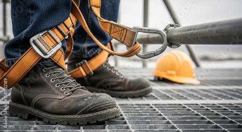 Close-up of a construction worker's safety harness and boots on a metal platform with a hard hat nearby, emphasizing fall protection.