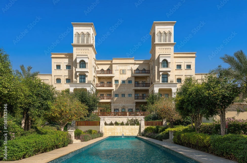 Fototapeta premium Luxury residential complex with landscaped gardens, a pool, and ornate architecture