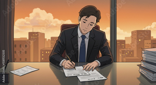 Businessman Working at Desk in Modern Office at Sunset