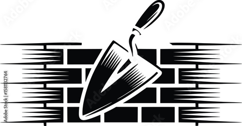 Trowel and Brick Wall Silhouette, Masonry, Construction, and Builder Icon.

