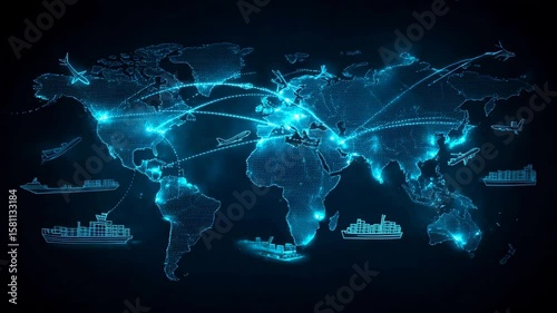 The digital world map highlights global trade and transportation networks.