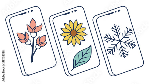 Three phones displaying floral branch, sunflower with leaf, and snowflake designs in a row isolated