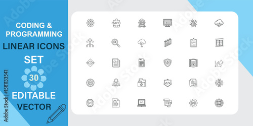 Coding and Programming Linear Icons Set Editable Vector