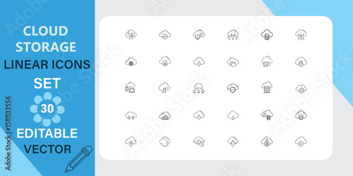 Cloud Storage Linear Icons Set Editable Vector Graphics