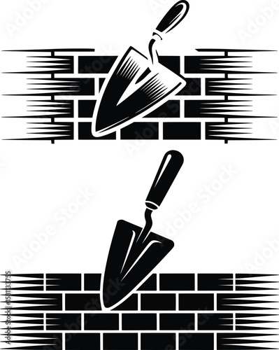 Trowel and Brick Wall Silhouette Set, Masonry, Construction, and Builder Icon.

