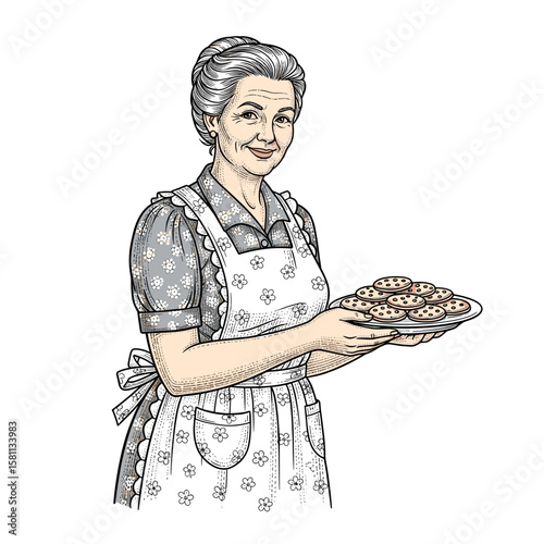 Elderly woman smiling while holding a plate of cookies in apron  