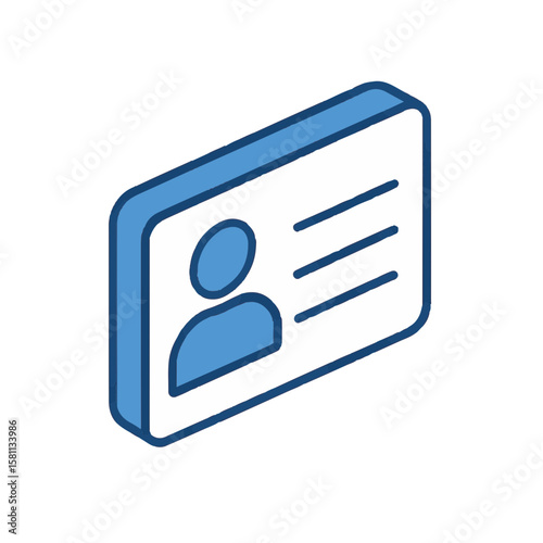 Isometric user profile graphic on transparent background. User profile with blue lines, user symbol, and identification information is rendered in isometric view.