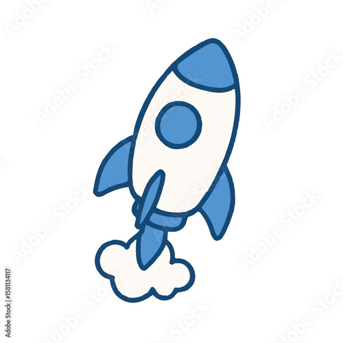 Rocket launch illustration showcases takeoff from earth, with fuel and smoke under rocket. Rocket launch concept for aerospace theme.