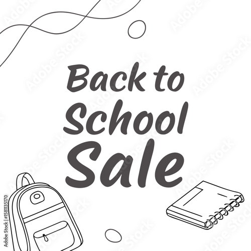 Back to school sale design featuring a backpack, notebook, and decorative lines in a clean, modern style