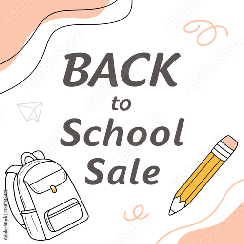 Illustration of back to school sale with backpack pencil paper plane and abstract shapes on a white background