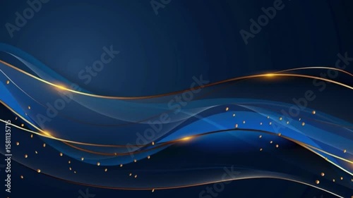 Elegant abstract background with flowing blue and gold lines and particles floating gracefully