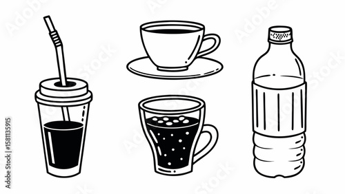 A set of isolated beer glasses and a hot coffee drink in a white paper cup