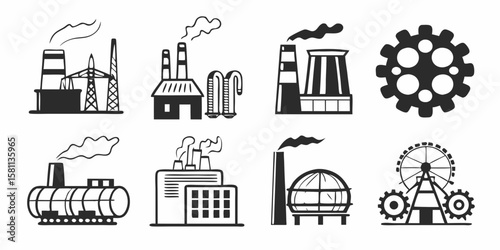 Industrial wine bottle and glass sets with factory building silhouettes for urban business design
