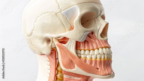 A detailed anatomical model of a human skull, mandible, and the associated masticatory muscles, clearly showing the temporomandibular joint (TMJ) and surrounding structures from a side view